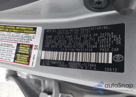 2021 Toyota Camry Le из США, поврежденный, VIN 4T1C11AK1MU553038